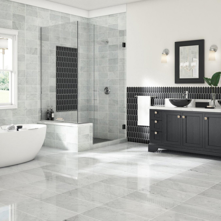 A bathroom showing bath cabin, black mirror, black sink, black vanity, and a bathtub