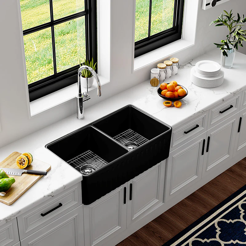 HOROW 33 Inch Farm Kitchen Sink Double Basin Fireclay Model HR DS3318B
